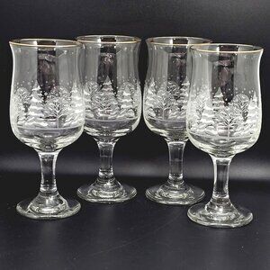 4 Lynns China PINES Water Goblets Arbys glasses Winter Scene white decal gold ri